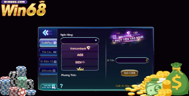 Hướng dẫn nạp tiền tại Win68 qua ngân hàng